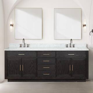 Lexora Condor 84 in W x 22 in D Black Oak Double Bath Vanity Carrara Marble Top and 36 in Mirrors LVCO84DJ110