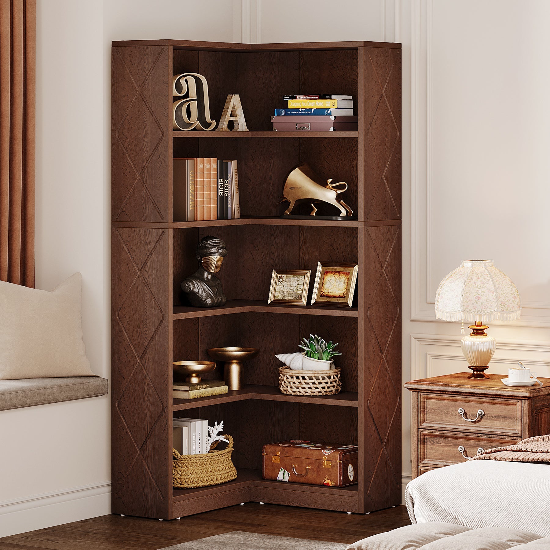 70.9 L-Shaped Bookshelf, Freestanding Corner Bookcase 5-Tier Display Rack