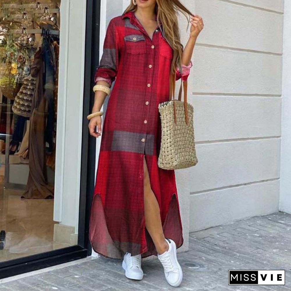 New Fashion Boho Dress Casual Loose Long Sleeve Chain Print Shirt Dress Long Dress Vestidos De Mujer