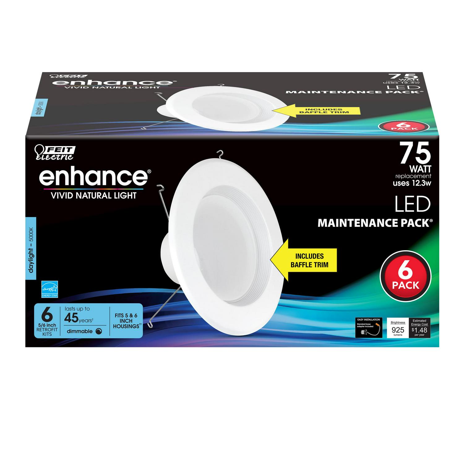 Feit Electric Enhance 10.2W (75W Eq.) White 5/6 in. Trim Retrofit Kit Recessed Light 5000K (6 Pack)