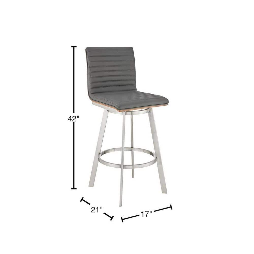 Armen Living Jermaine 30 in. Bar Height High Back Swivel Bar Stool in Brushed Stainless Steel and Grey Faux Leather 721535762057