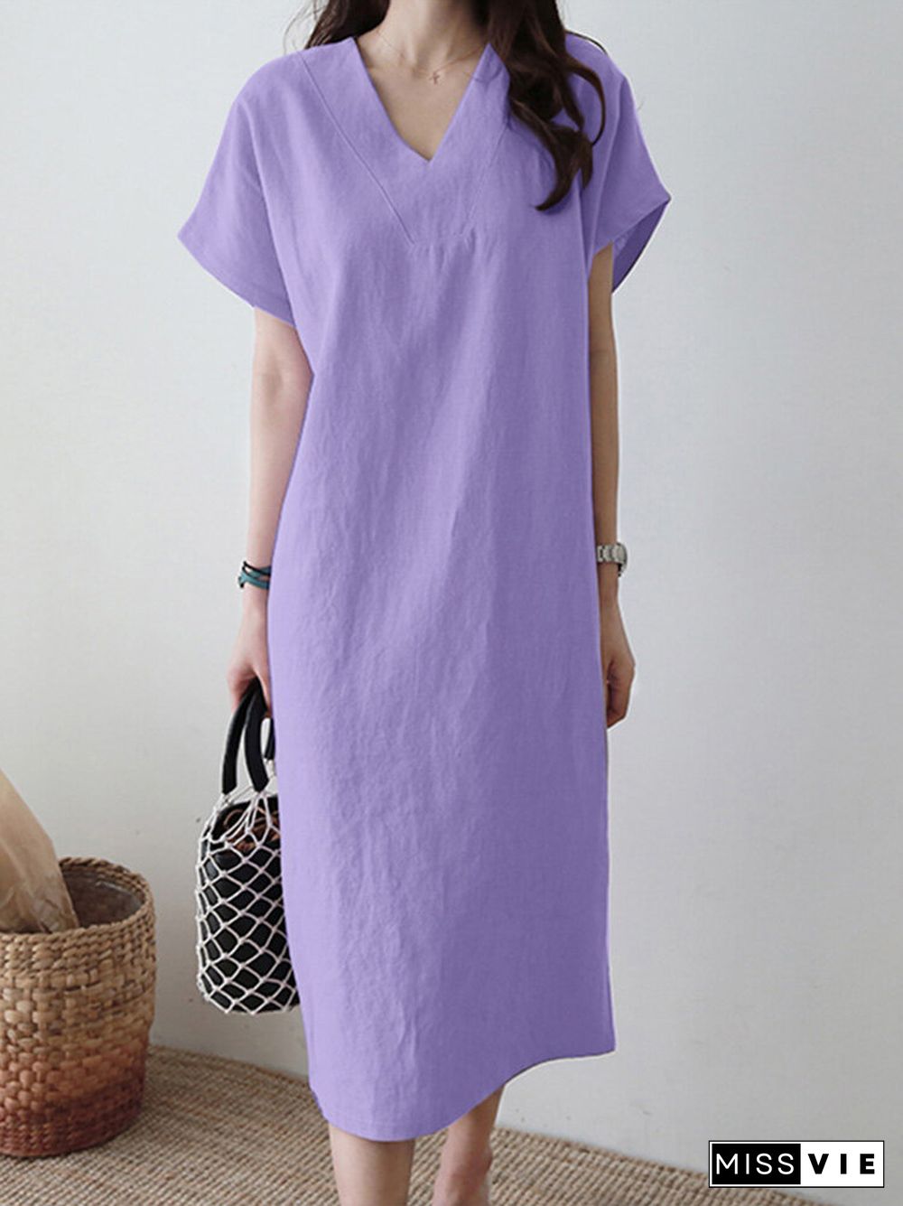 Solid V-neck Short Sleeve Dress For Women