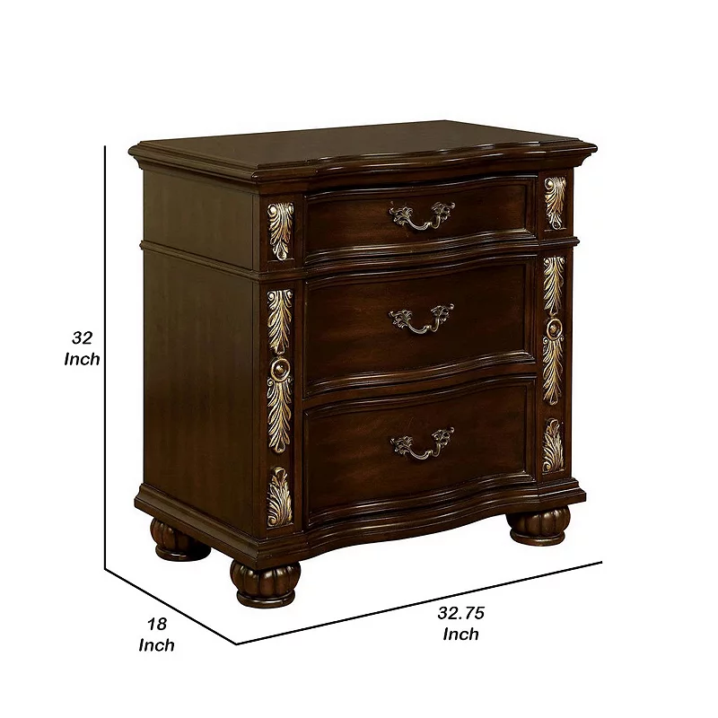 3 Drawer Wooden Nightstand with Decorative Accent and USB Plugin， Brown