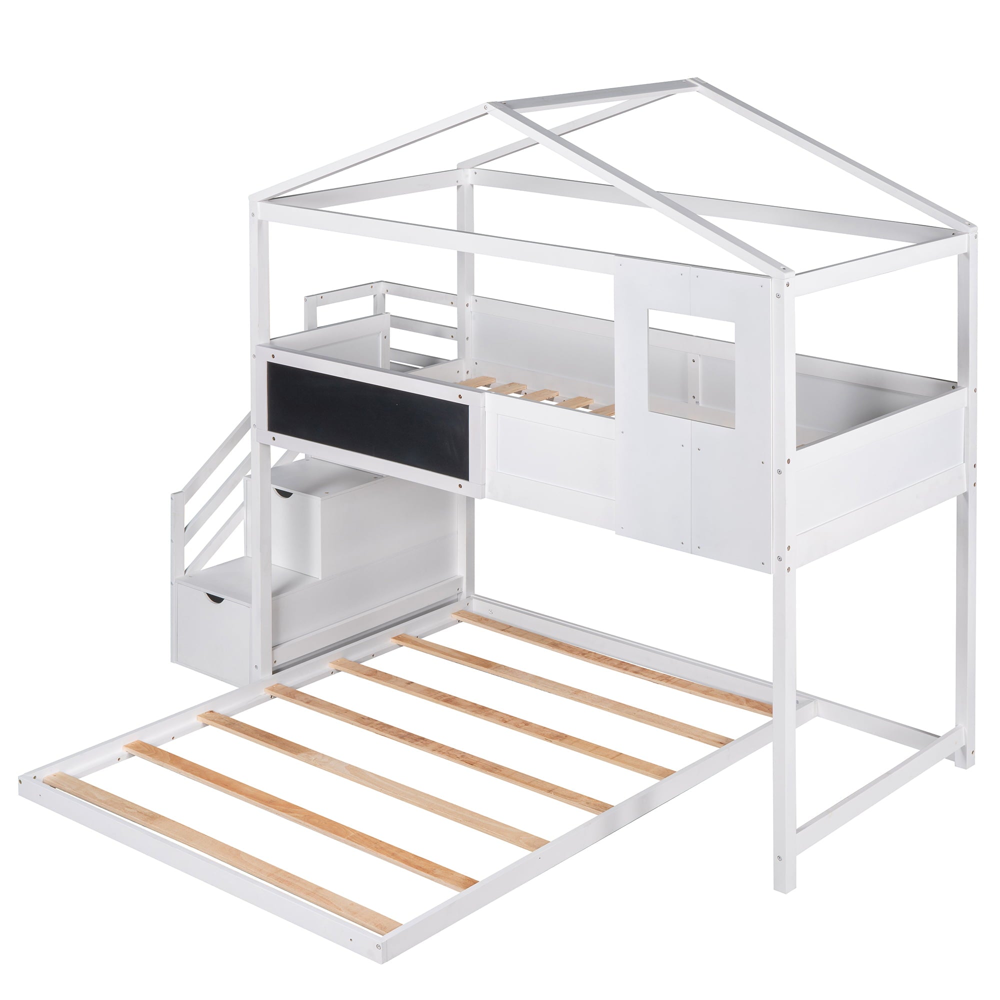 EUROCO Twin over Full House Bunk Bed with Storage Staircase and Blackboard for Kids Bedroom, White