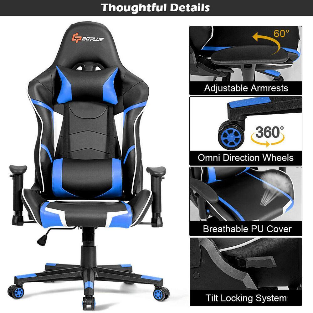 Costway Massage Gaming Chair Reclining Racing Chair w Headrest and Lumbar Support Blue HW62039BL