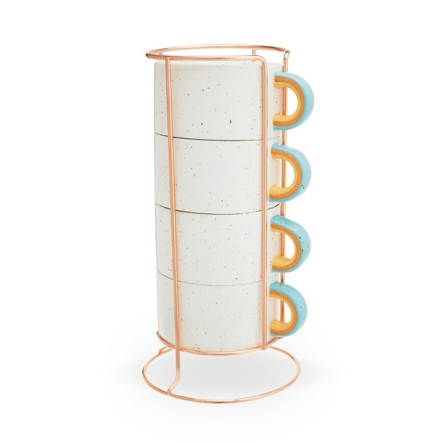 Pinky Up Arc Mugs Stacking Speckled Ceramic Coffee Cups With Cute Rainbow Handles And Rose Gold Metal Stand 10 Oz Set Of 4 Beige