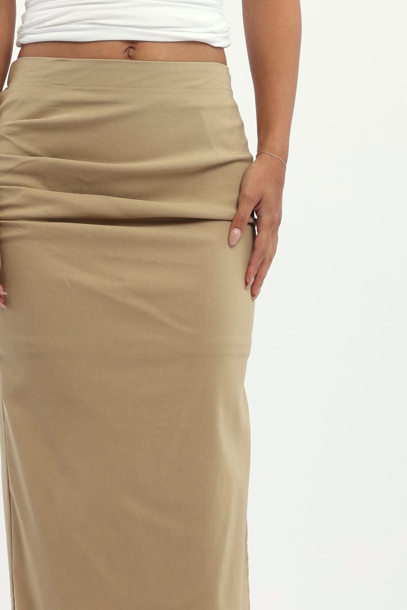 Beige Gathered Midi Skirt High Rise Bengaline Split