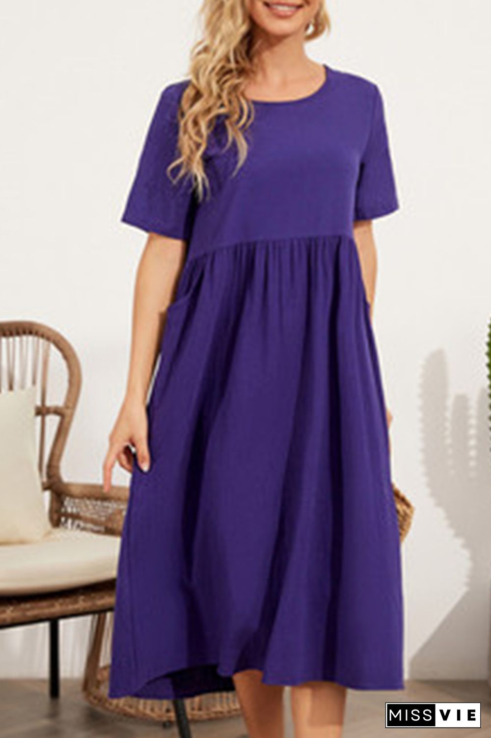 Casual Solid Split Joint O Neck A Line Dresses