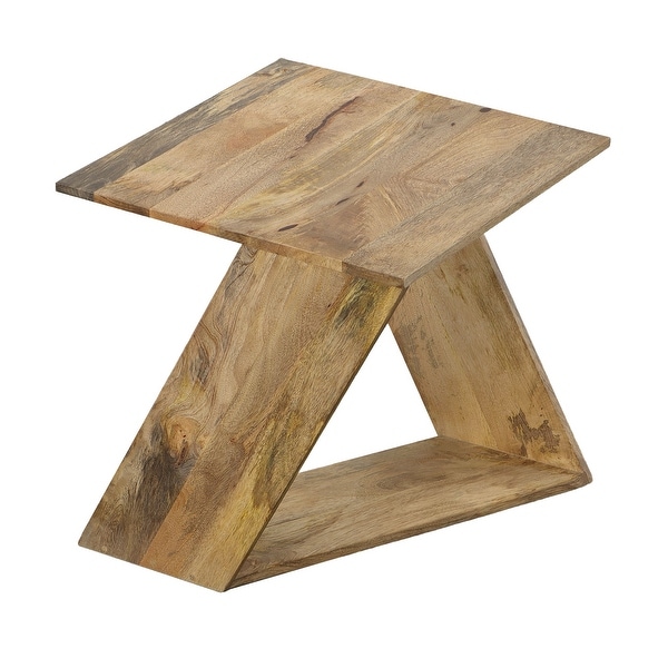 20 Inch Handcrafted Mango Wood Side End Table with angled Panel Artisanal Base