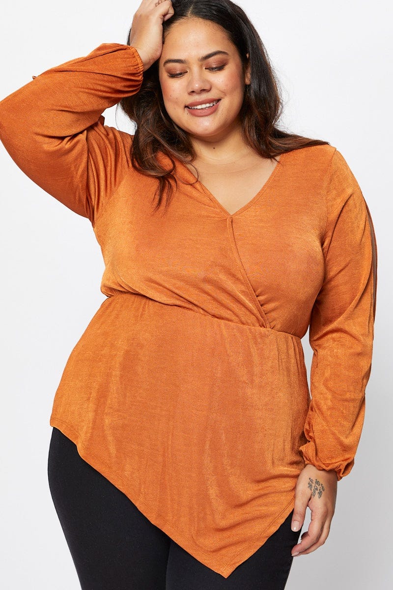 Beige V-neck Top Split Detail Asymmetric Long Sleeve