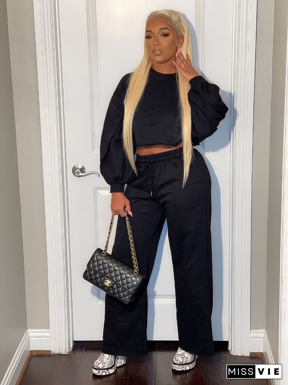 Long Sleeve Crop Top Drawstring Wide Leg Pants Set