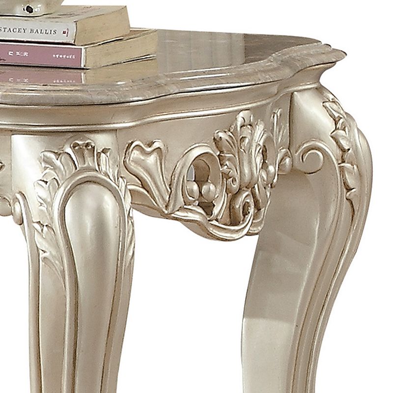 Traditional Style Marble Top End Table with Poly Resin Engravings，Gold