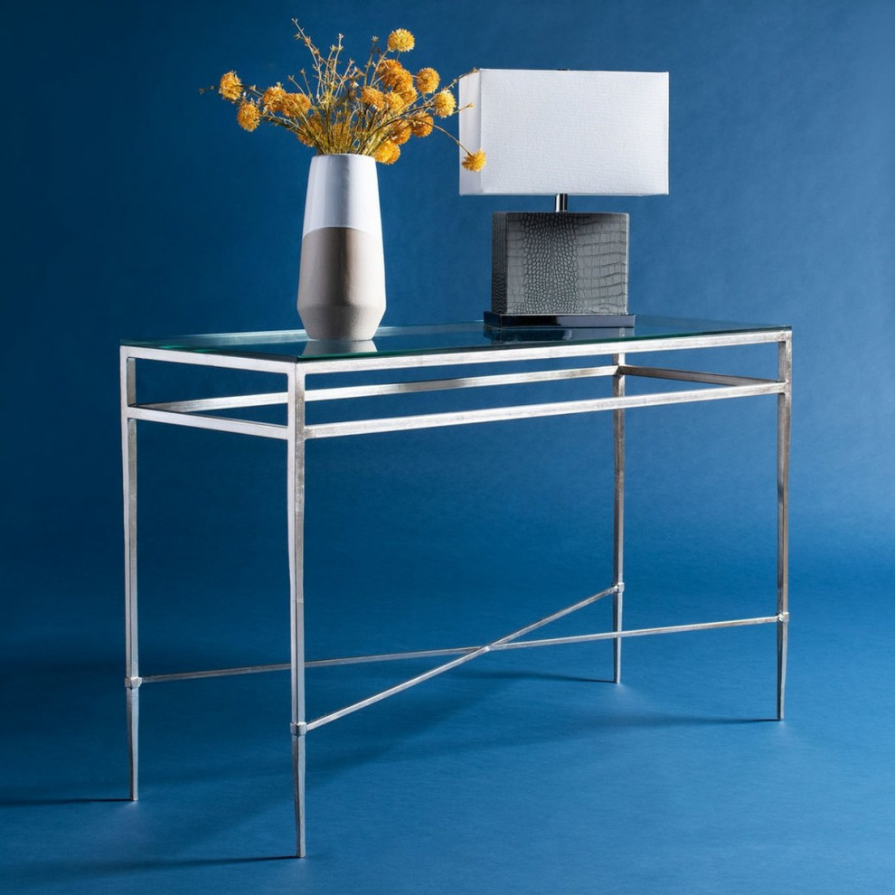 Micah Antique Silver Glass Console Table   Contemporary   Console Tables   by Peachtree Fine Furniture  Houzz