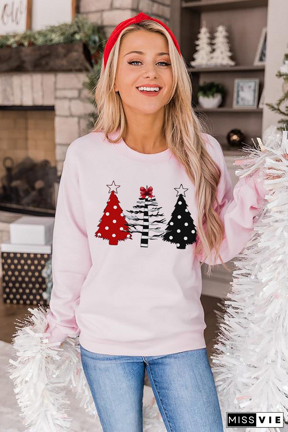 Pink Christmas Tree Graphic Print Pullover Sweatshirt