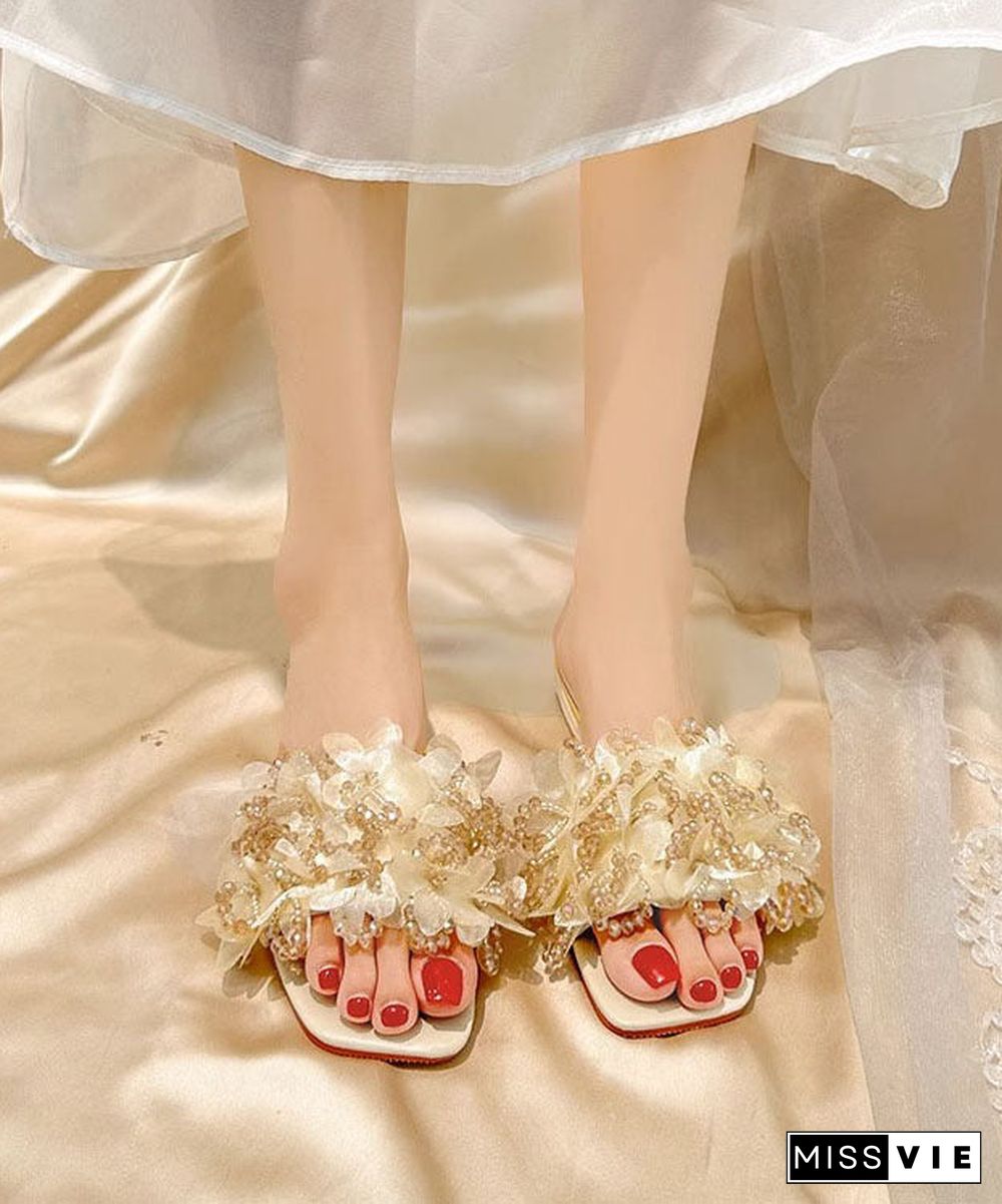 Apricot Crystal Floral Comfortable Splicing Slide Sandals