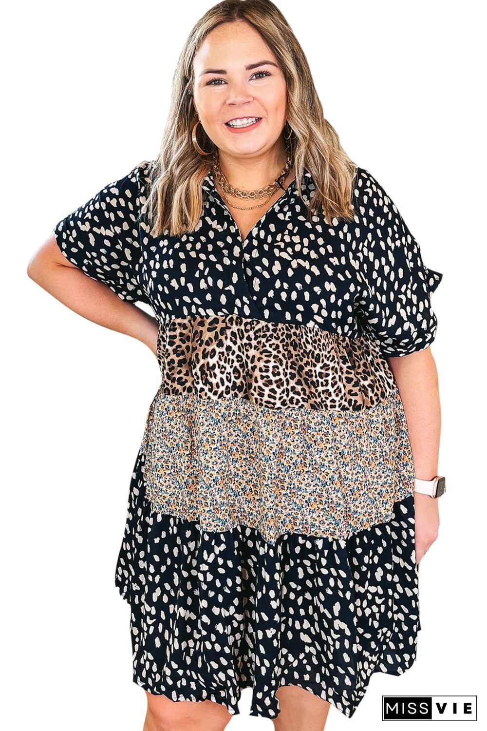 Black Plus Size Floral Animal Print Ruffle Tiered Dress