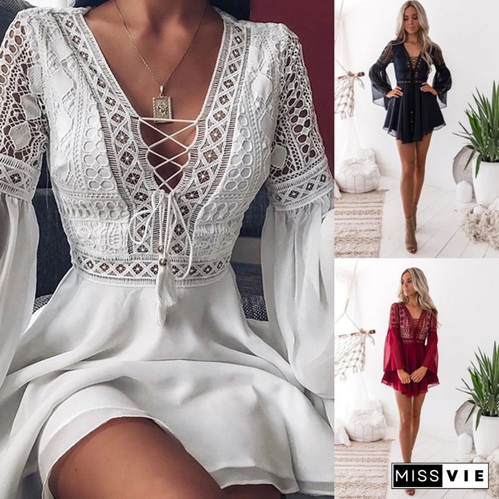 Women's A Line Dress Short Mini Dress White Black Red Long Sleeve Solid Color Ruffle Patchwork Spring Summer V Neck Hot Sexy Dresses