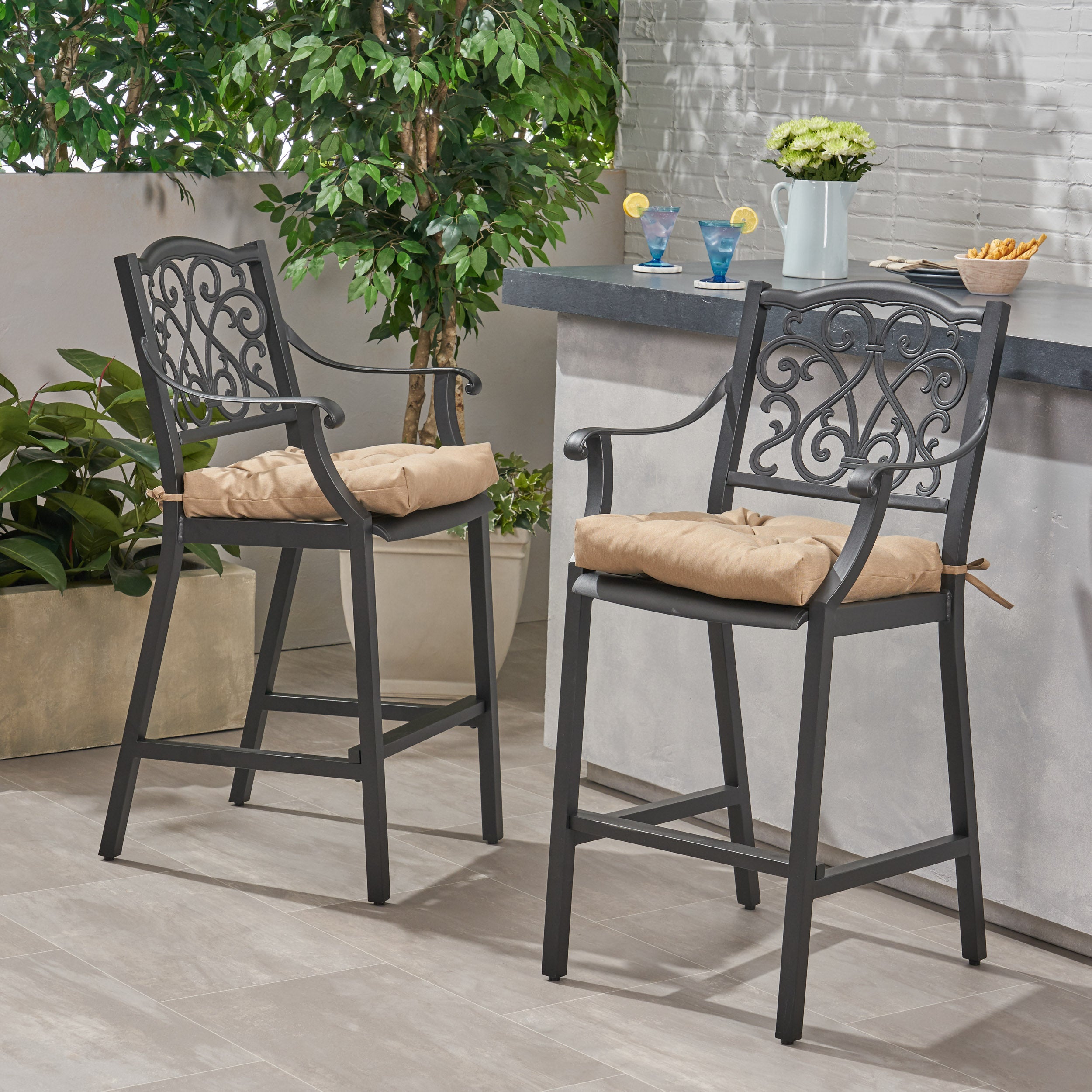 Roberta Outdoor Barstool with Cushion (Set of 2)