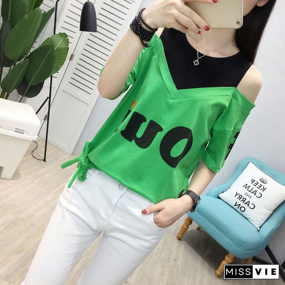 Women T Shirt Off Shoulder Summer Top For Women Short Sleeve Kawaii T-Shirt Women O- Neck Cotton Funny T Shirts White Clothes