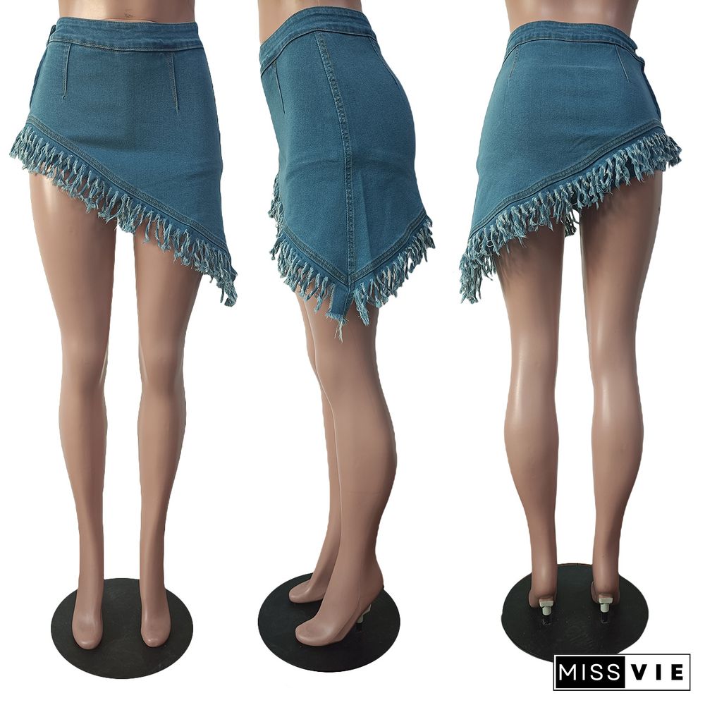 High Waist Tassel Hem Asymmetrical Denim Shorts