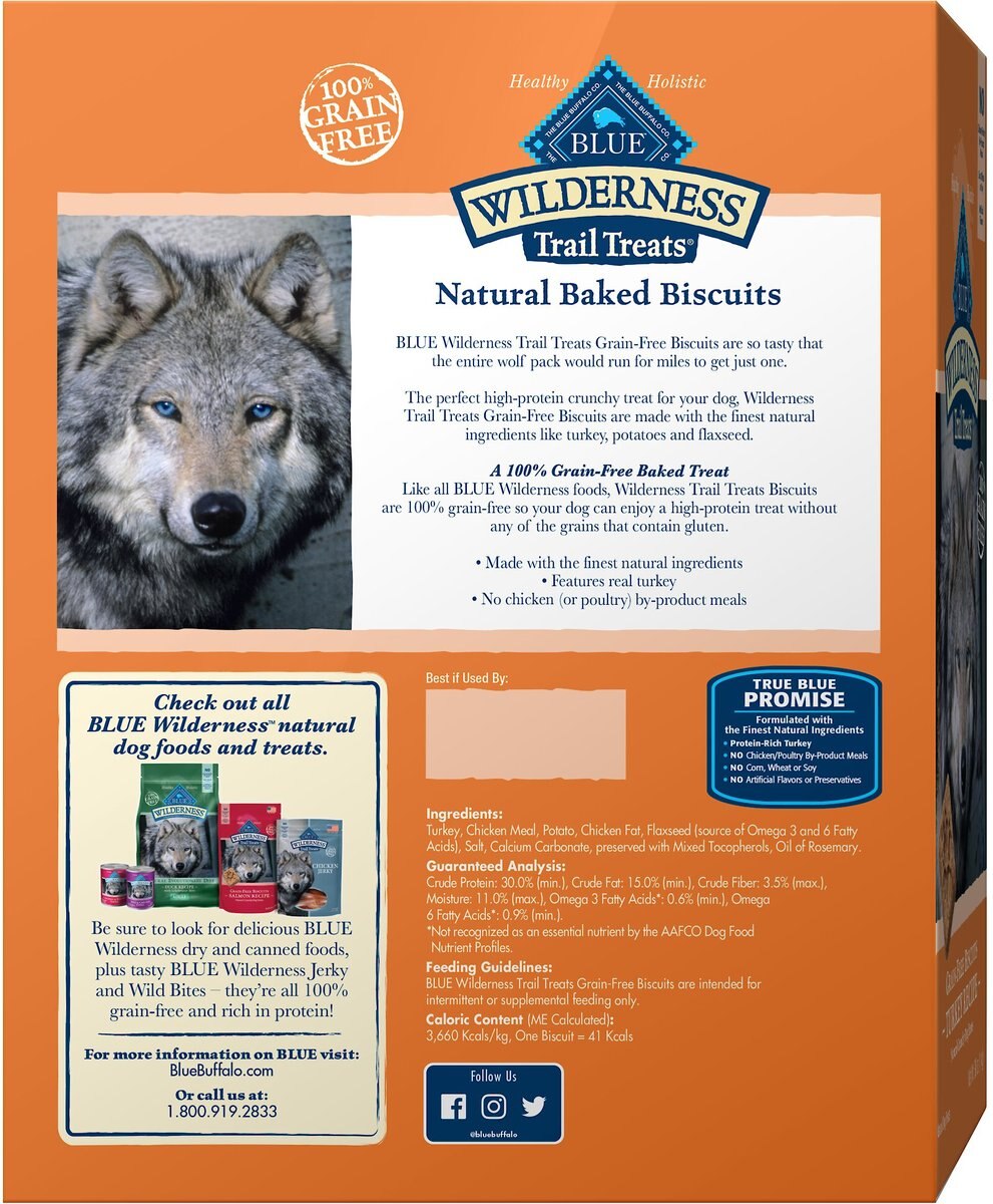 Blue Buffalo Wilderness Trail Treats Grain-Free Turkey Recipe Biscuits Dog Treats， 36-oz box