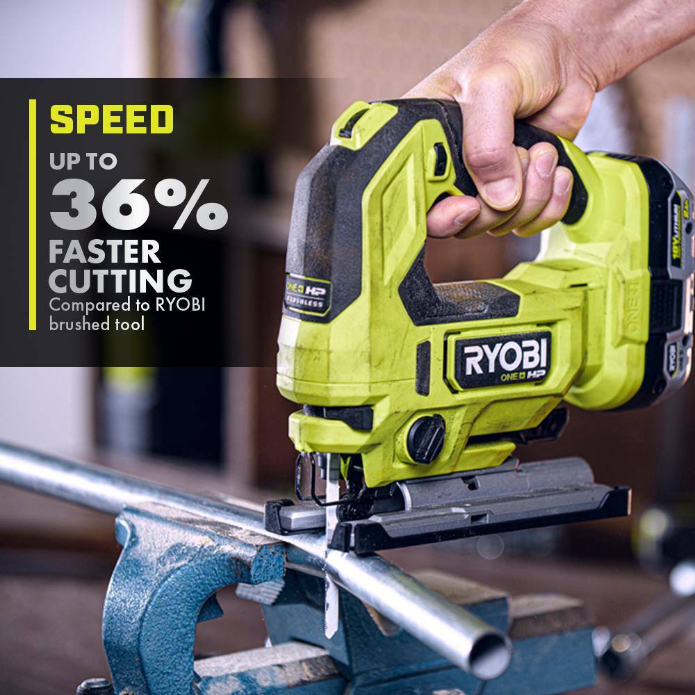 RYOBI ONE+ HP 18V Brushless Cordless Jig Saw (Tool Only) with All Purpose Jig Saw Blade Set (10-Piece) PBLJS01B-A14AK101