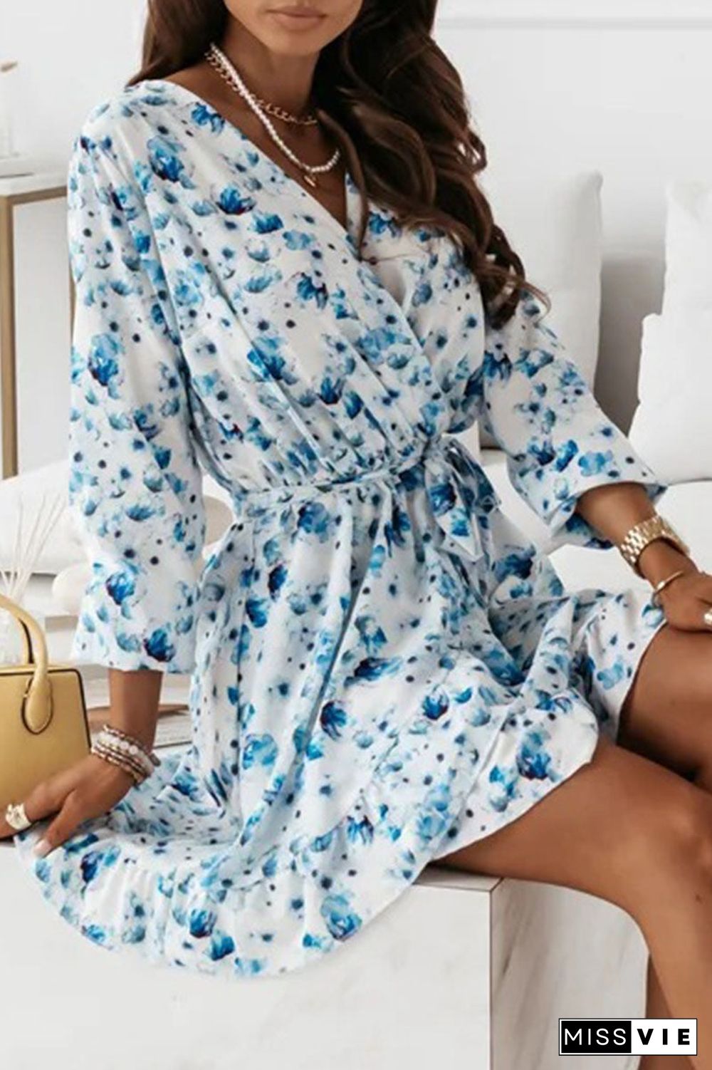 Fashion Street Print Split Joint V Neck A Line Dresses