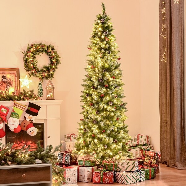 HOMCOM Prelit SnowDipped Christmas Tree with Lights，Pine Cones，and Mistletoe