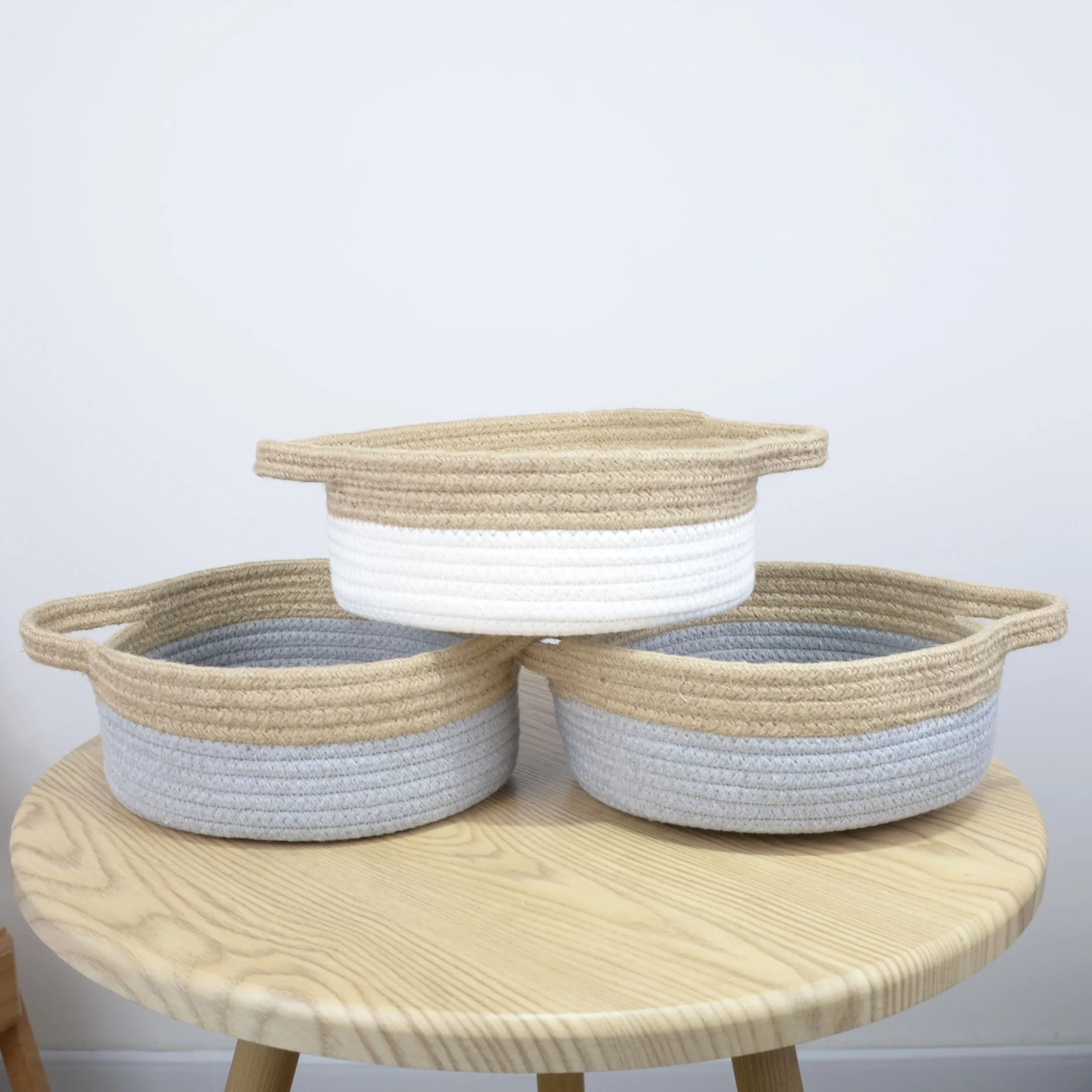 Double woven decorative stylish foldable woven desktop cotton rope storage basket with handles