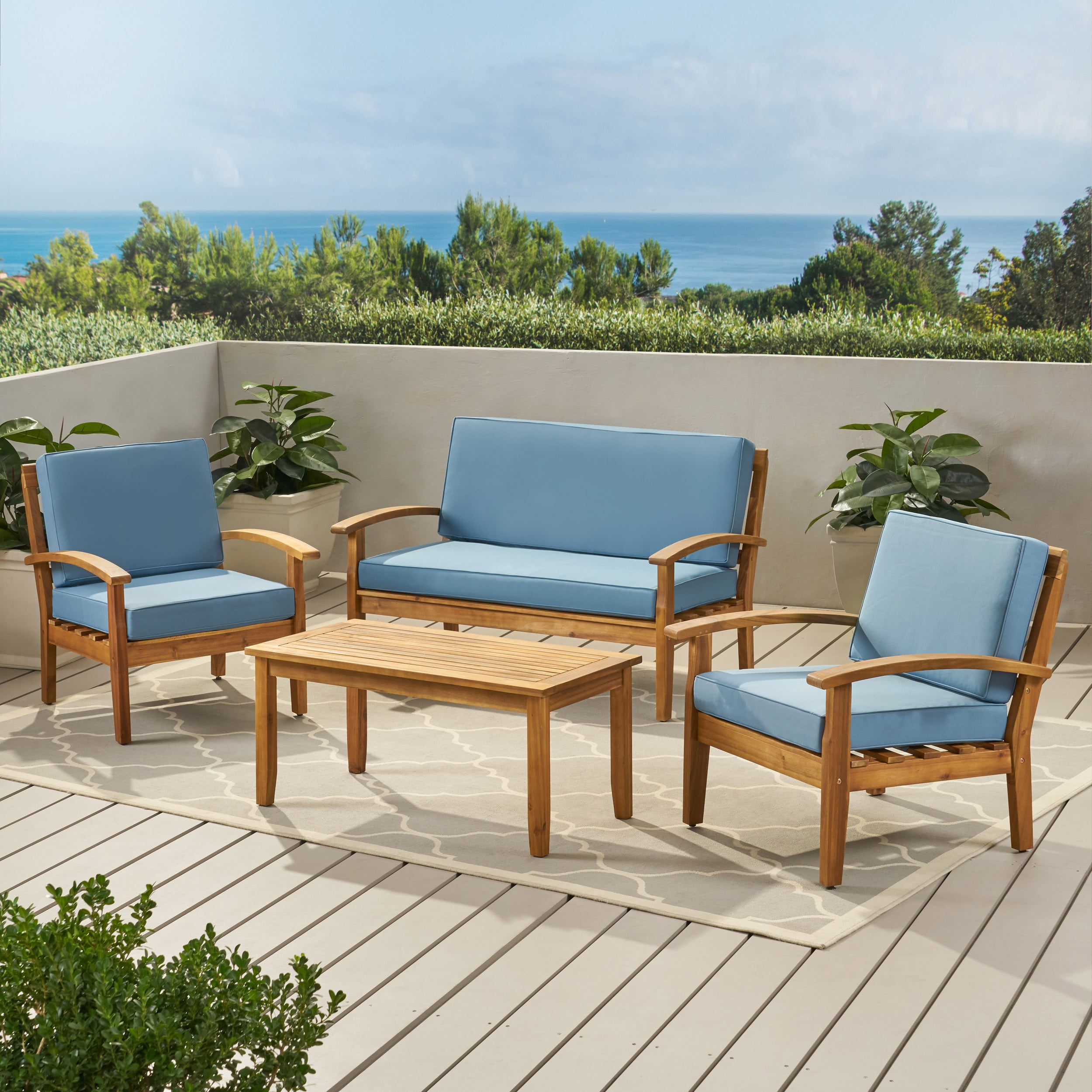 Peyton 4 Pc Acacia Wood Chat Set w/ Water Resistant Cushions