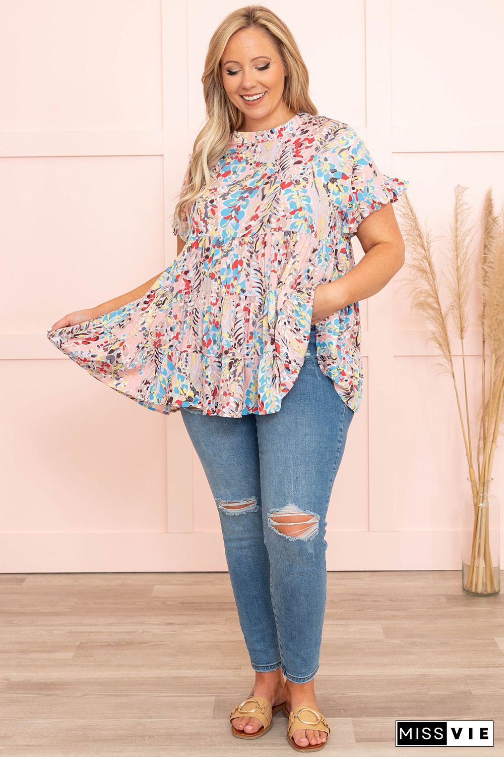 Pink Floral Print Tiered Ruffled Plus Size Blouse