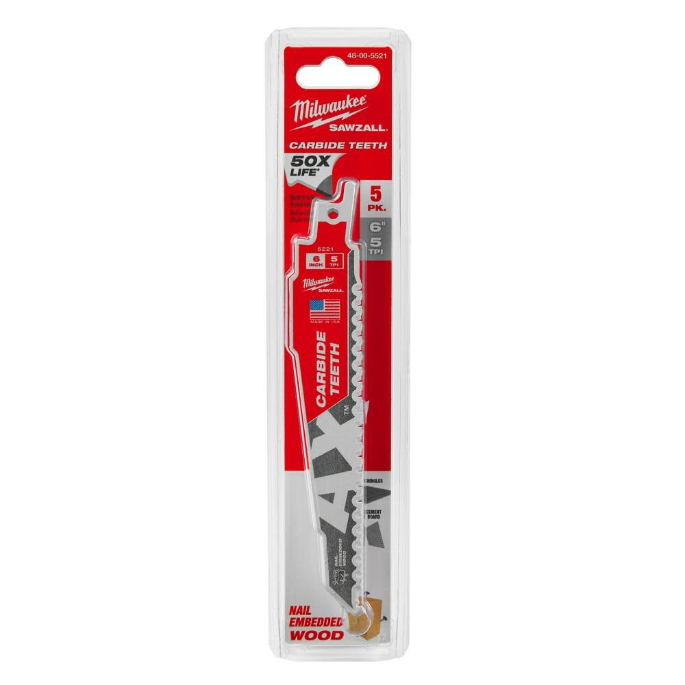 Milwaukee The Ax with Carbide Teeth SAWZALL Blade 6 in. 5T 5PK 48-00-5521 from Milwaukee