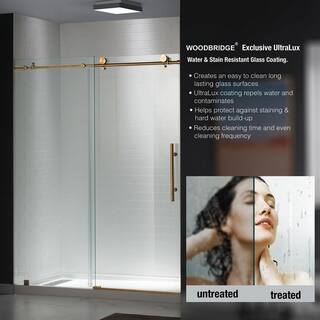 WOODBRIDGE Suffield 44 in. to 48 in. x 76 in. Frameless Sliding Shower Door with Shatter Retention Glass in Brass Gold HSD3604