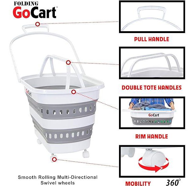 Dbest Products Folding Gocart Collapsible Laundry Basket On Wheels Grocery Cart Shopping Foldable Pop Up Plastic Hamper Tote