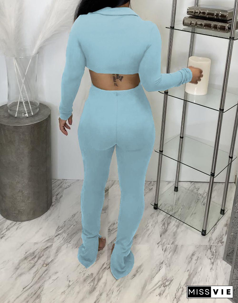 Solid Long Sleeve Button Up Crop Top Slit Pants Set