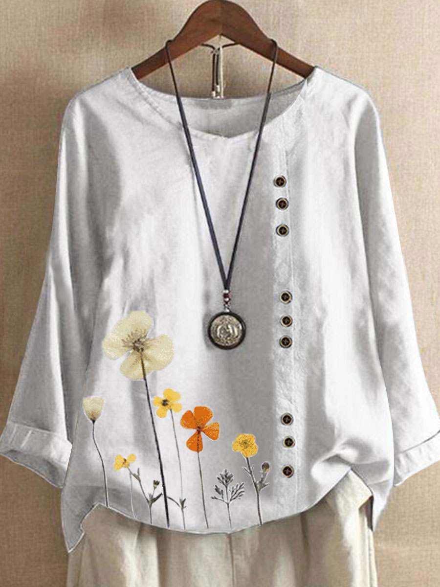 Floral Print Round Neck Cotton And Linen Long Sleeve Blouse