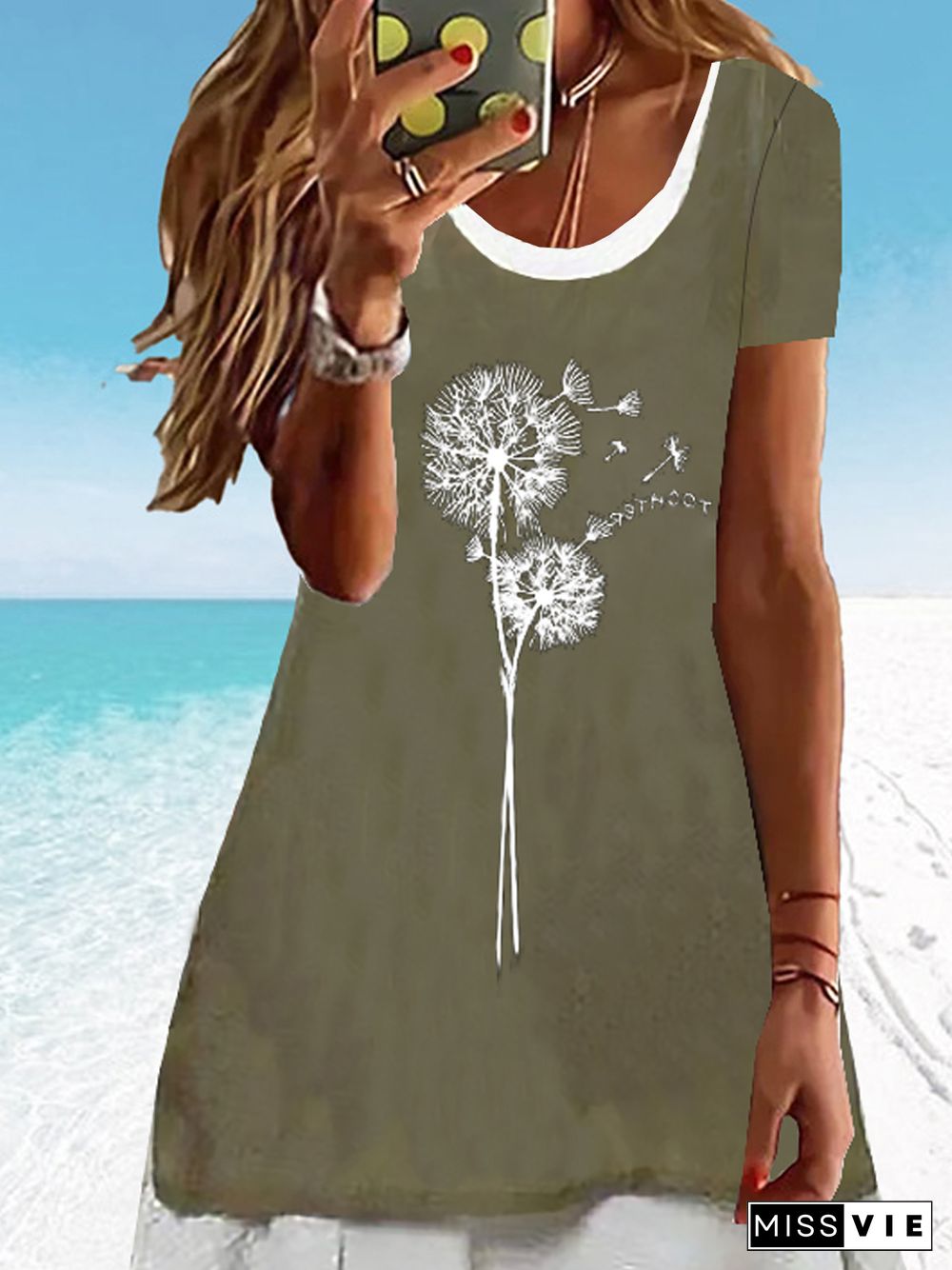 Crew Neck Loosen Dandelion Short Sleeve Woven Dress