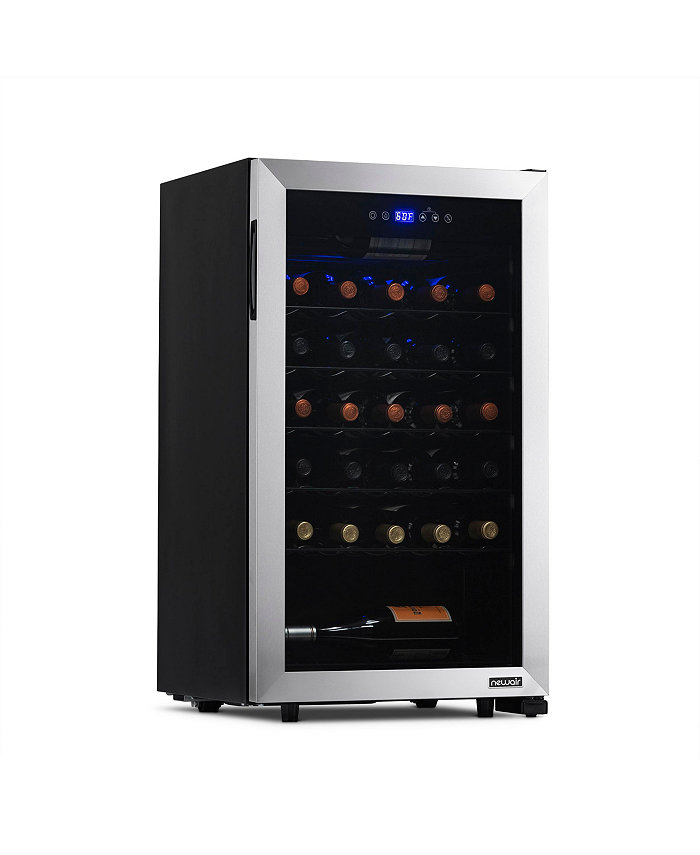 Newair Freestanding 33 Bottle Compressor Wine Fridge in Stainless Steel Adjustable Racks and Exterior Digital Thermostat