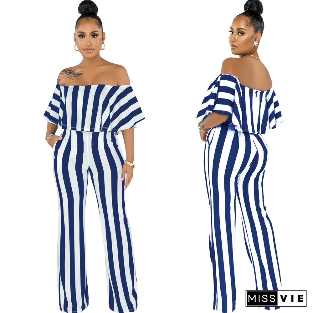 Striped Off Shoulder Wide Leg Jumpsuits