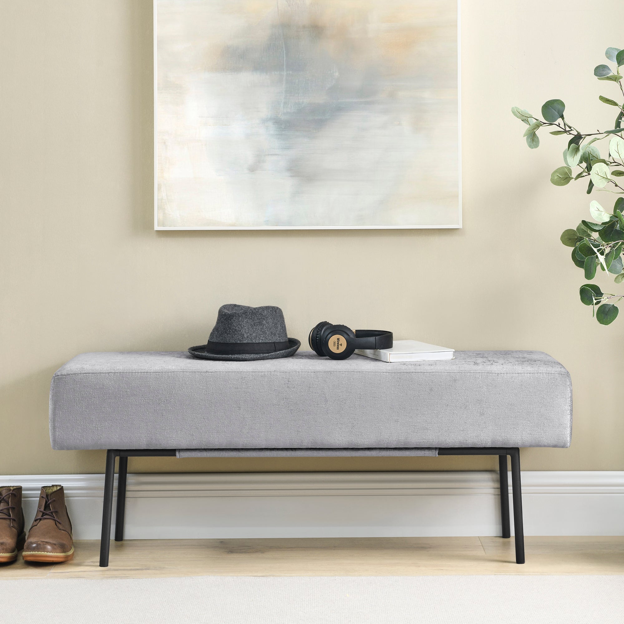 LANTRO JS Contemporary Style Bedroom Chenille Upholstered Bench, Grey,( 45