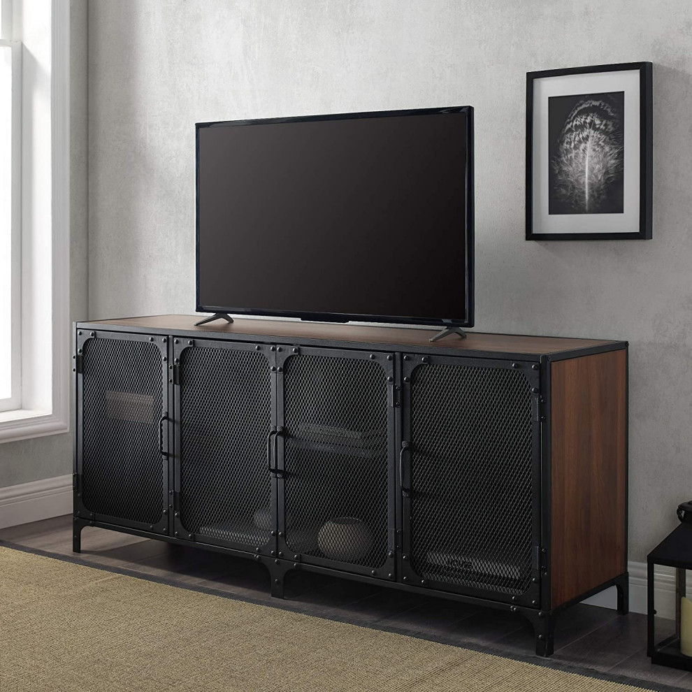 Industrial Entertainment Center  Metal Mesh Doors  Dark Walnut Finish   Industrial   Entertainment Centers And Tv Stands   by Decorn  Houzz