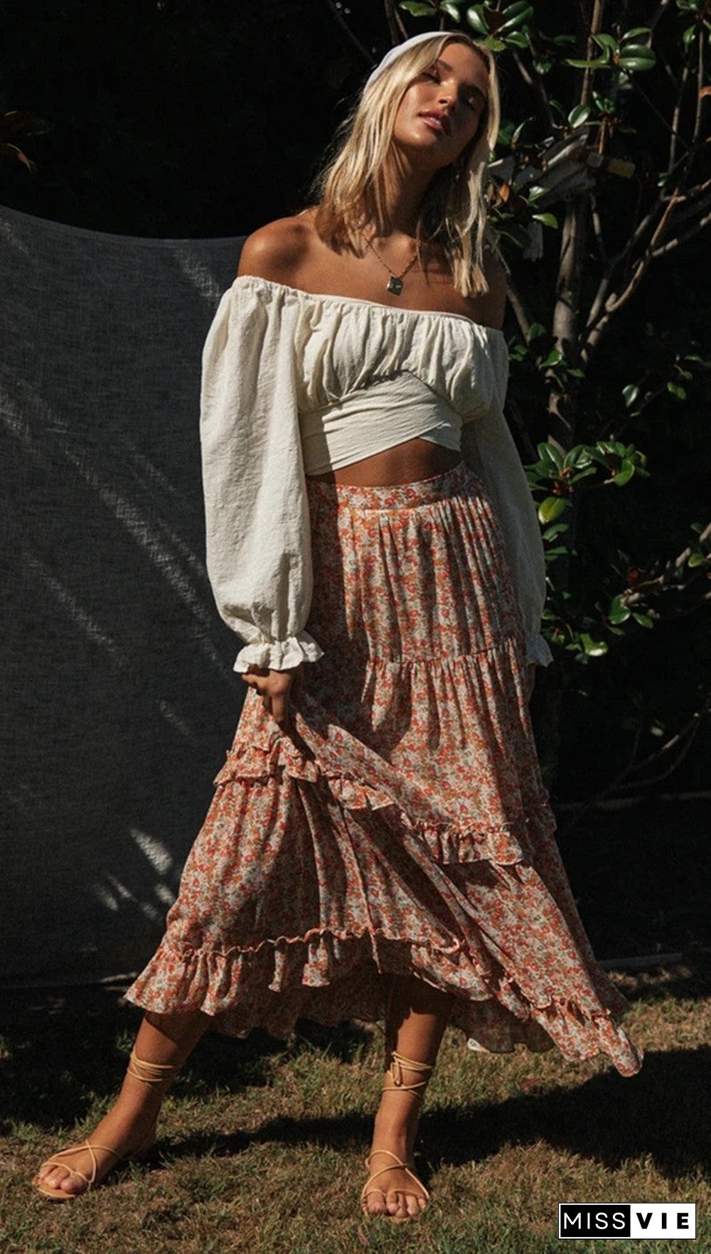 White Crop Top and Floral Skirt Sets