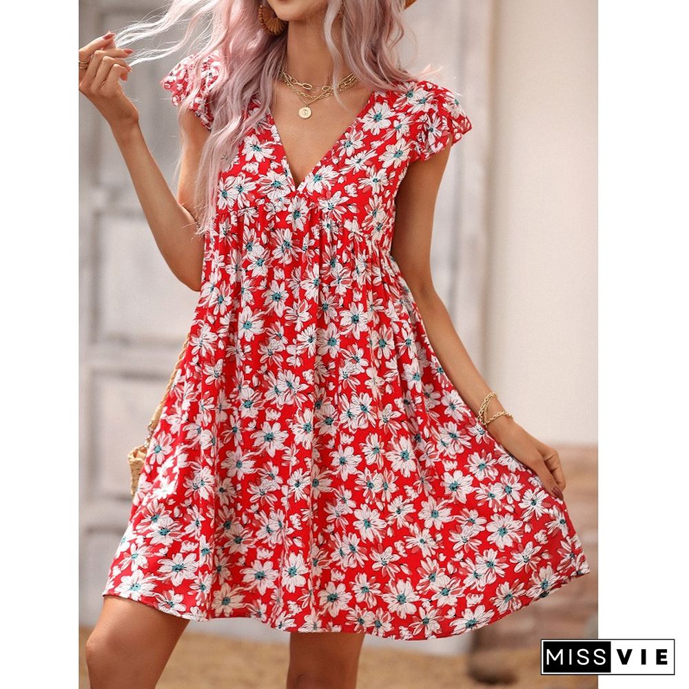 Casual Sexy Floral Print Dresses Women Summer Dress New Red Deep V-Neck Ruffle Short Flying Sleev Elegant A-line Mini Dress