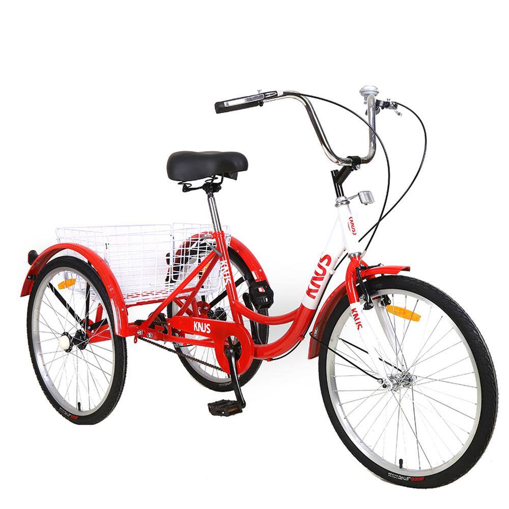 Red Adult Tricycle Trikes 3-Wheel Bikes 26 in. Wheels Cruiser Bicycles with Large Shopping Basket for Women and Men GM-H-308