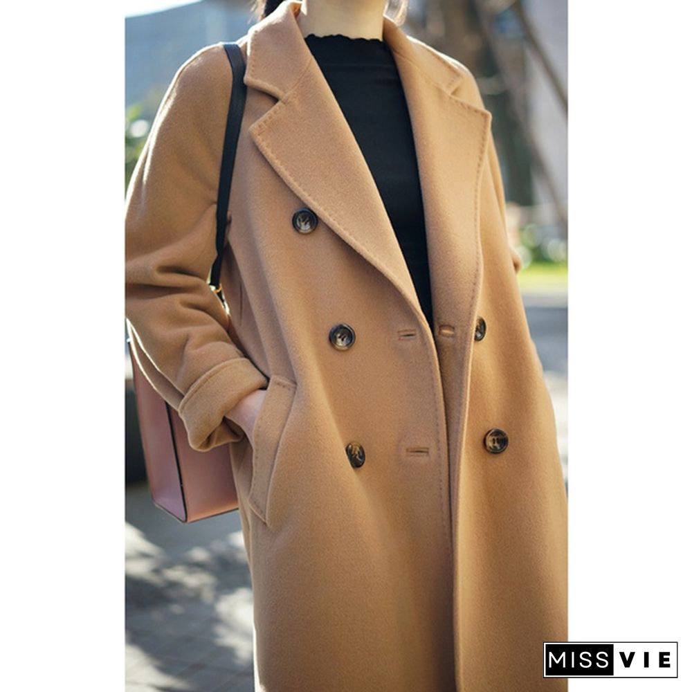 New Fashion Lapel Coat Slim Double Breasted Long-sleeved Silm Solid Color Woman Trench Coats