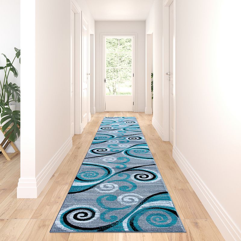 Masada Rugs Masada Rugs Stephanie Collection 3'x16' Area Rug Runner with Modern Contemporary Design in Turquoise， Gray， Black and White - Design 1100