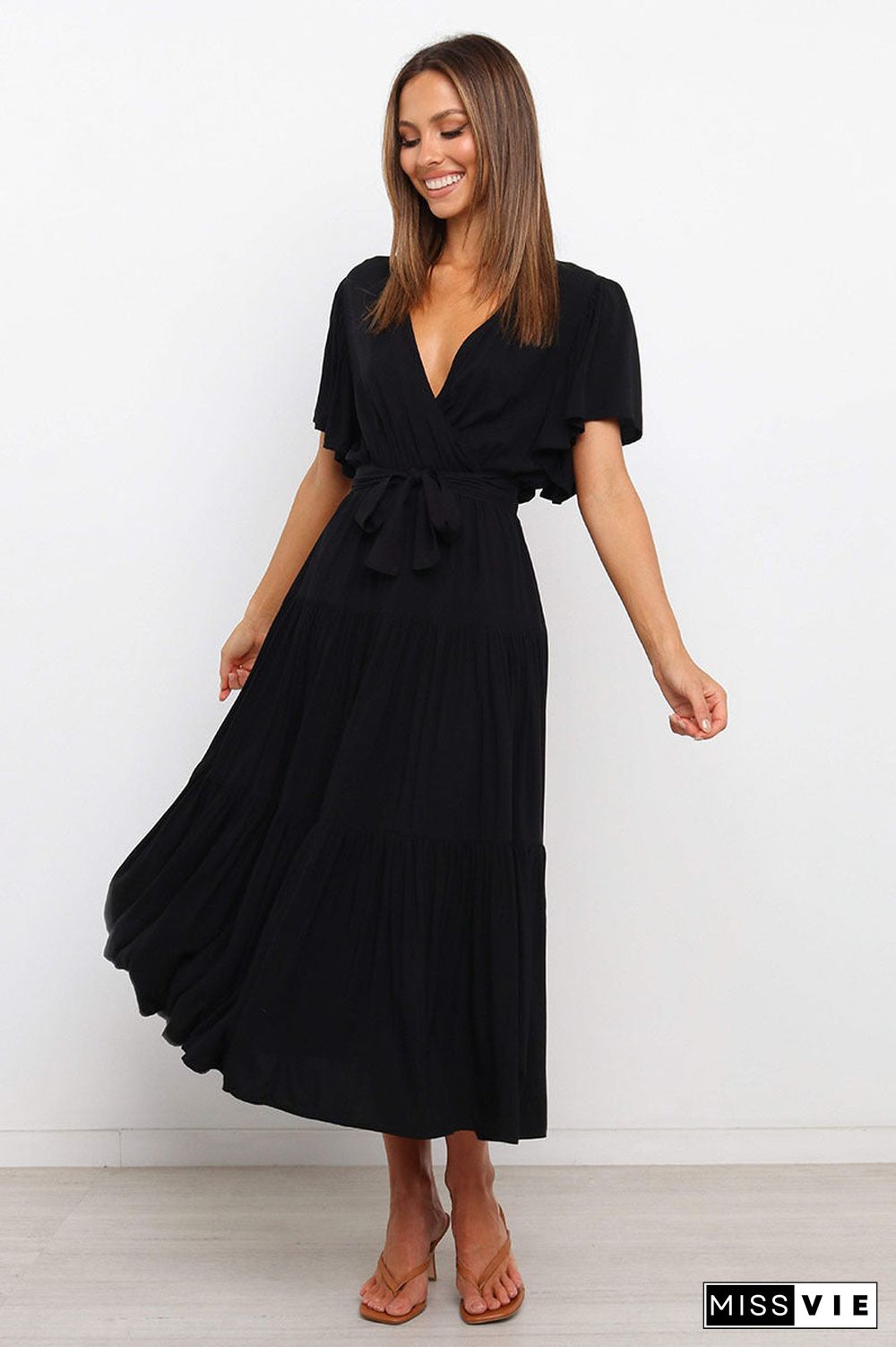 V Neck Tie Waist Short Sleeve Maxi Dress