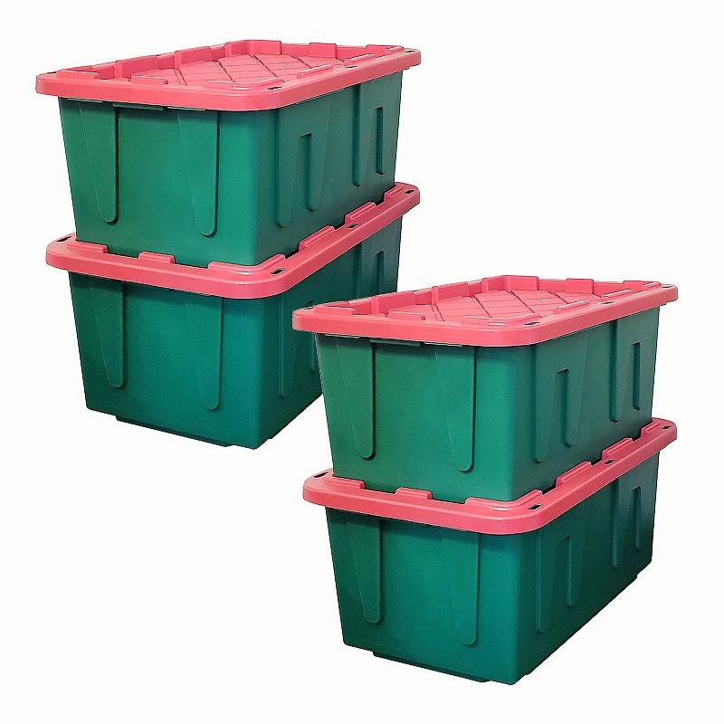 HOMZ Durable 27 Gallon Heavy Duty Holiday Storage Tote， Green/Red， (4 Pack)