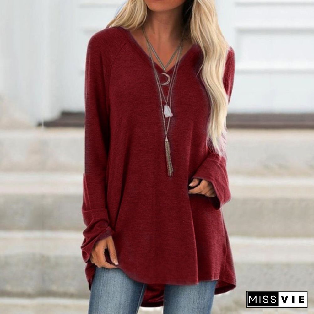 Women's Plain Long Sleeves Loose T-shirt Solid Color V Neck Pullover Tops Autumn Spring Fashion T-shirt Casual Tee