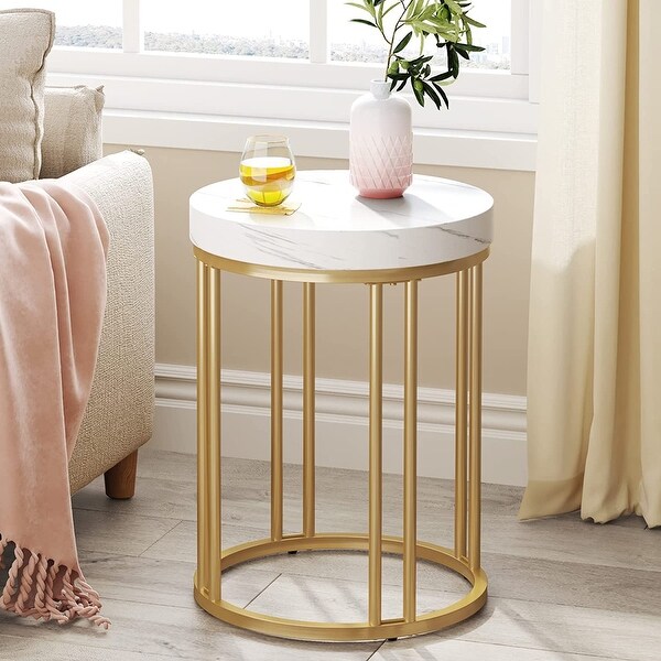 White Gold Round End Table， Modern Bedside Nightstand Faux Marble Top